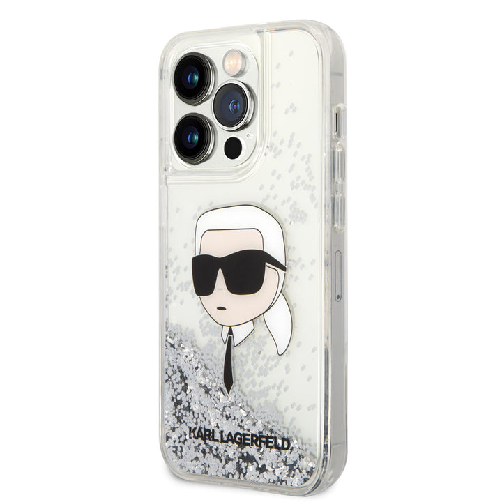 Karl Lagerfeld iPhone 14 Pro Backcover hoesje - Liquid Glitter - Karl Head - Zilver-Hoesjes-Ilumina Benelux