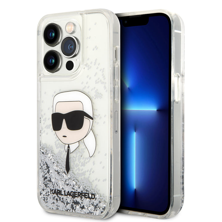 Karl Lagerfeld iPhone 14 Pro Backcover hoesje - Liquid Glitter - Karl Head - Zilver-Hoesjes-Ilumina Benelux