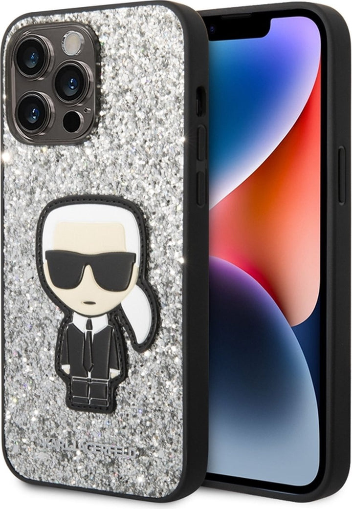 Karl Lagerfeld iPhone 14 Pro Backcover hoesje - Liquid Glitter - Karl - Zilver-Hoesjes-Ilumina Benelux