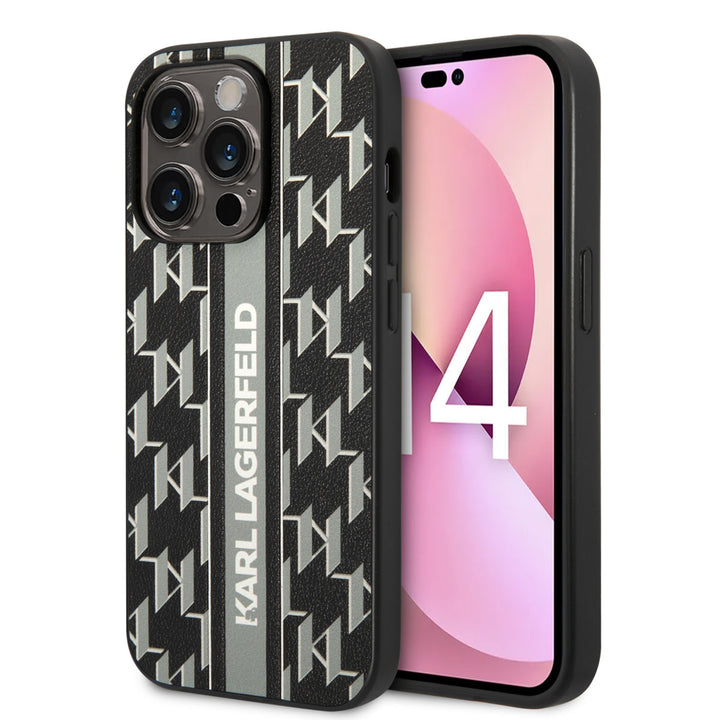 Karl Lagerfeld iPhone 14 Pro Backcover hoesje - Monogram Stripe - Grijs-Hoesjes-Ilumina Benelux