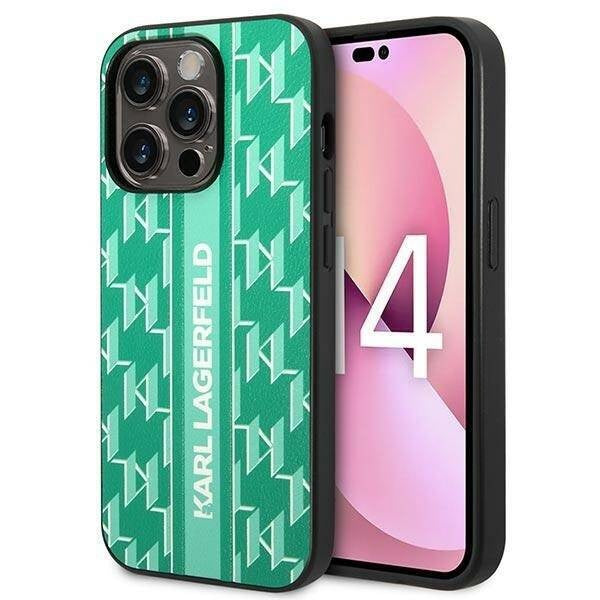 Karl Lagerfeld iPhone 14 Pro Backcover hoesje - Monogram Stripe - Groen-Hoesjes-Ilumina Benelux