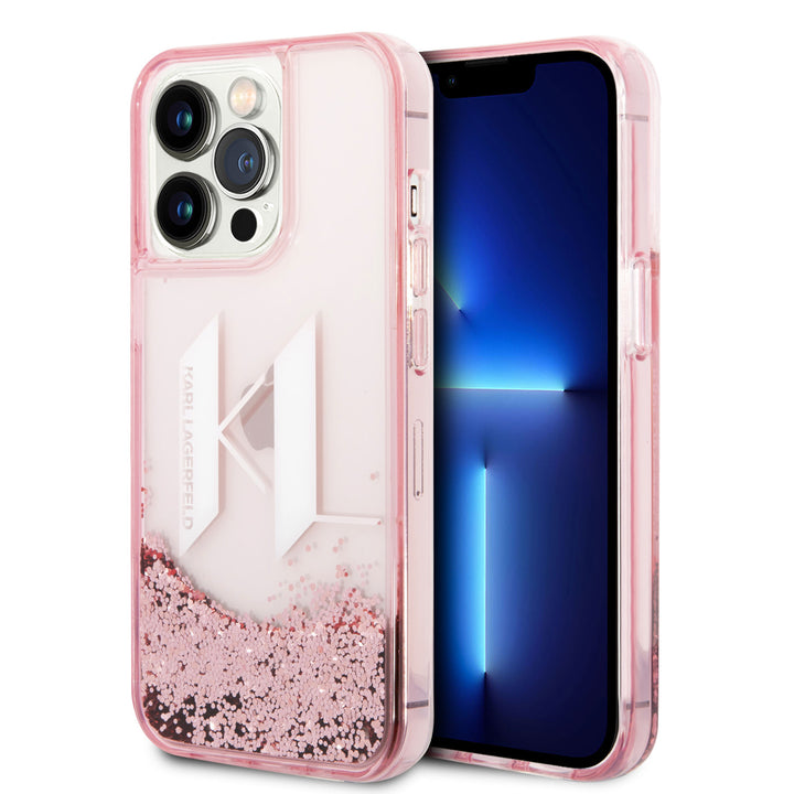 Karl Lagerfeld iPhone 14 Pro Max Backcover hoesje - Glitter KL Logo - Roze-Hoesjes-Ilumina Benelux