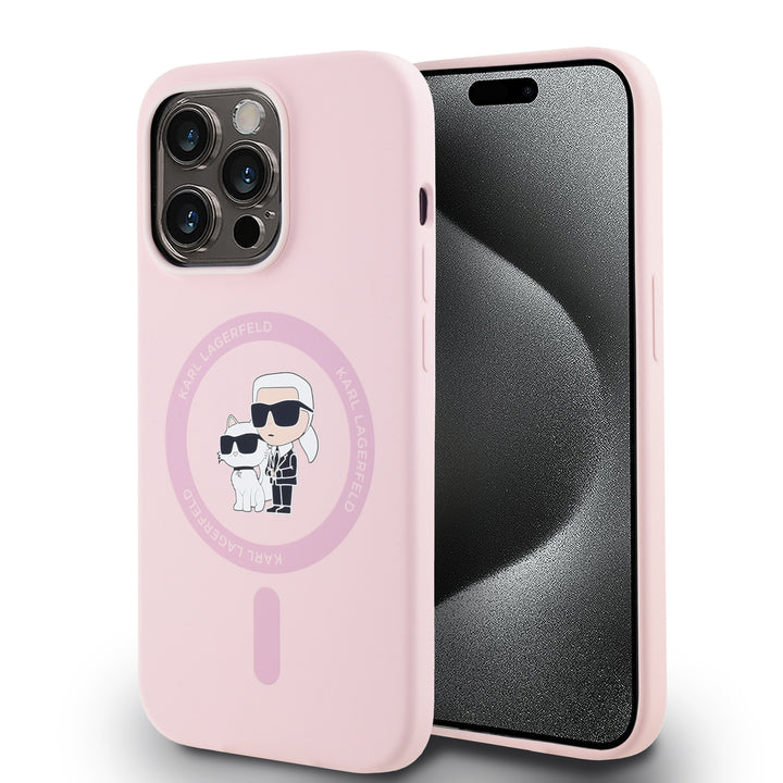 Karl Lagerfeld iPhone 14 Pro Max Backcover hoesje Magsafe silicone KC Heads Ring - Roze-Hoesjes-Ilumina Benelux