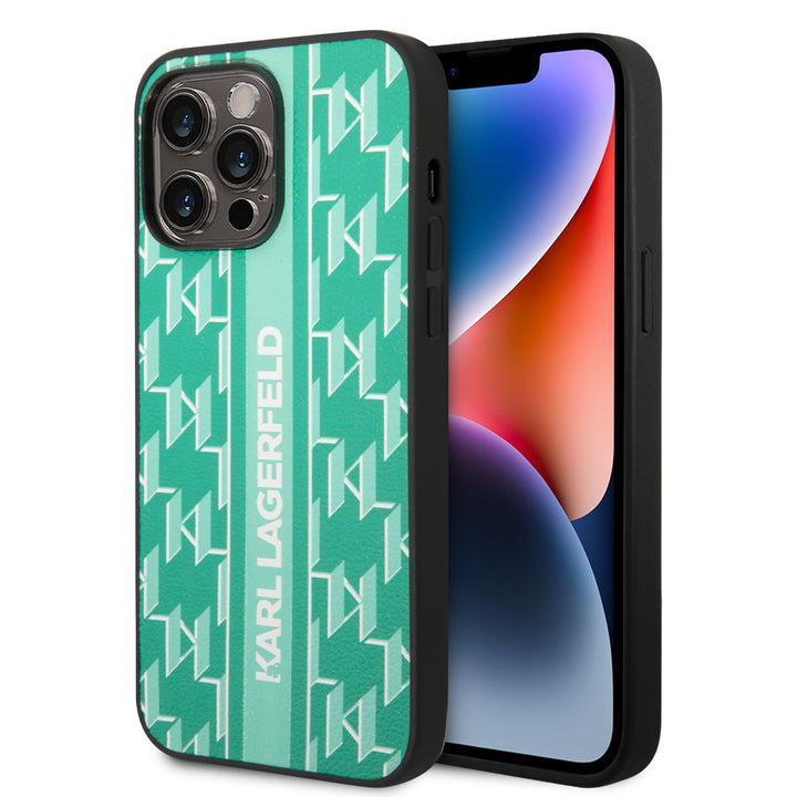 Karl Lagerfeld iPhone 14 Pro Max Backcover hoesje - Monogram Stripe - Groen-Hoesjes-Ilumina Benelux