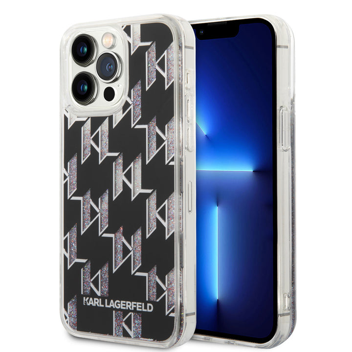 Karl Lagerfeld iPhone 14 Pro Max TPU Backcover - Liquid Glitter - Monogram - Zwart-Hoesjes-Ilumina Benelux