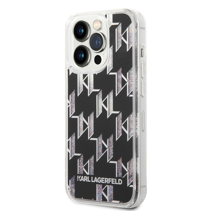 Karl Lagerfeld iPhone 14 Pro TPU Backcover - Liquid Glitter - Monogram - Zwart-Hoesjes-Ilumina Benelux