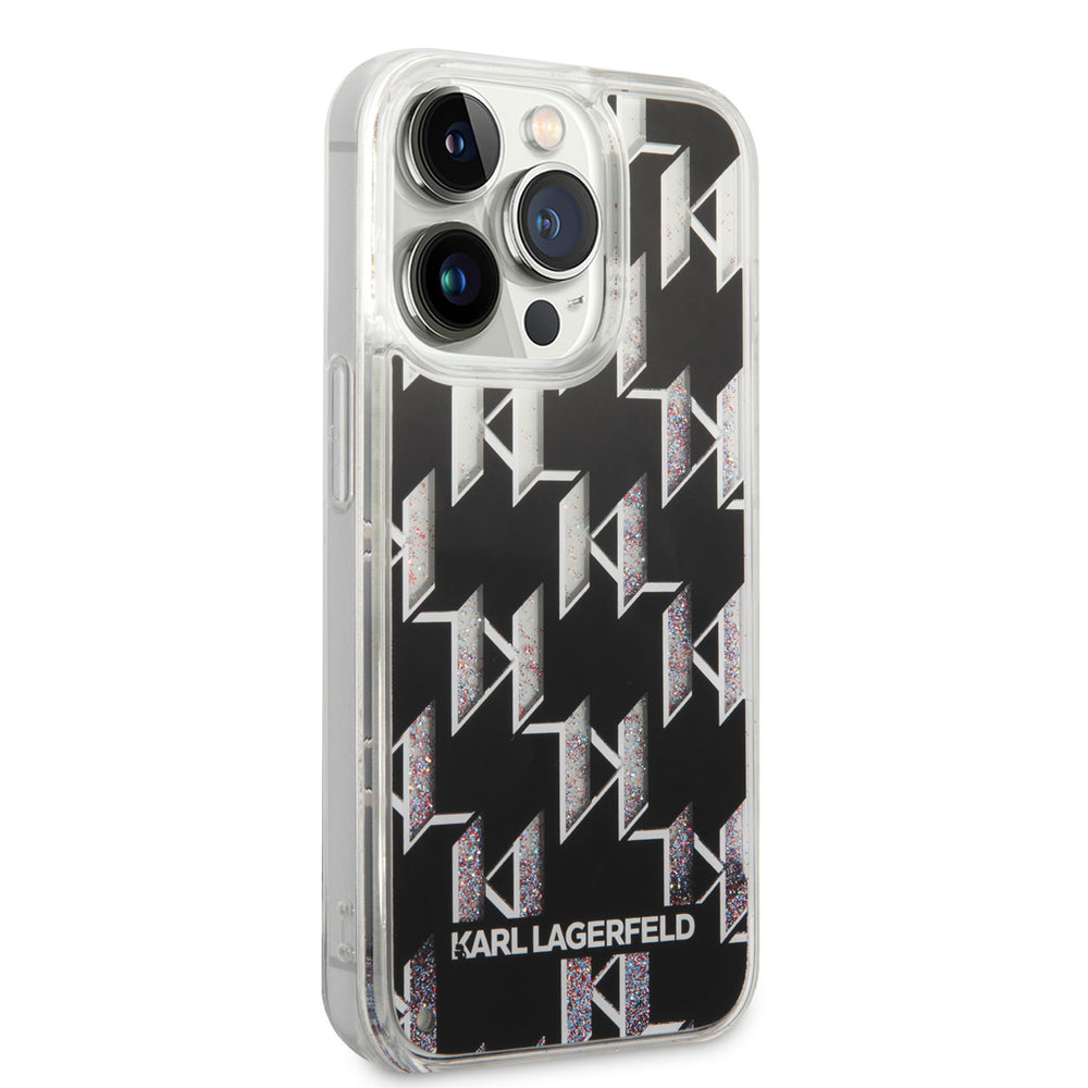 Karl Lagerfeld iPhone 14 Pro TPU Backcover - Liquid Glitter - Monogram - Zwart-Hoesjes-Ilumina Benelux