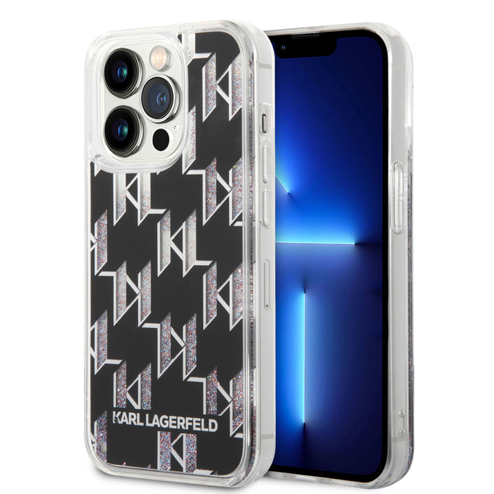 Karl Lagerfeld iPhone 14 Pro TPU Backcover - Liquid Glitter - Monogram - Zwart-Hoesjes-Ilumina Benelux