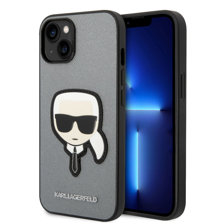Karl Lagerfeld iPhone 14 en iPhone 13 Backcover hoesje - Karl Head Patch - Zilver-Hoesjes-Ilumina Benelux
