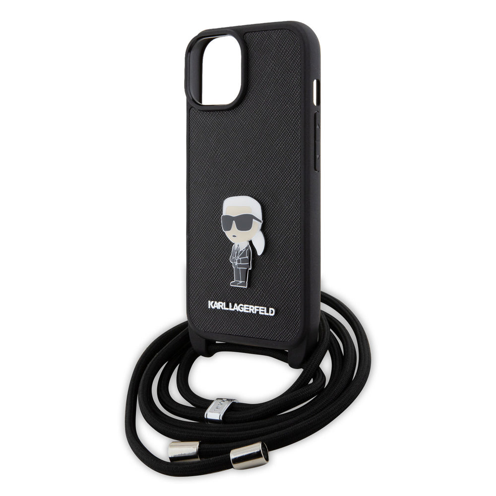 Karl Lagerfeld iPhone 15 & 14 Plus Hardcase hoesje - Saffiano - Ikonik Metal Pin - Crossbody - Zwart-Hoesjes-Ilumina Benelux