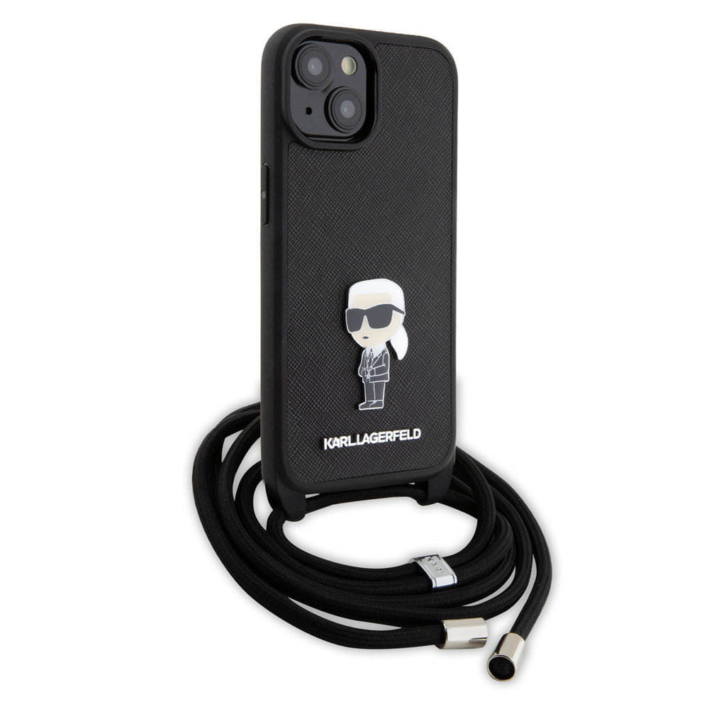Karl Lagerfeld iPhone 15 & 14 Plus Hardcase hoesje - Saffiano - Ikonik Metal Pin - Crossbody - Zwart-Hoesjes-Ilumina Benelux