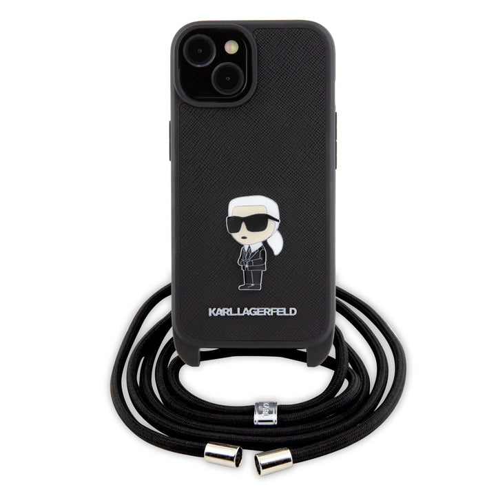 Karl Lagerfeld iPhone 15 & 14 Plus Hardcase hoesje - Saffiano - Ikonik Metal Pin - Crossbody - Zwart-Hoesjes-Ilumina Benelux
