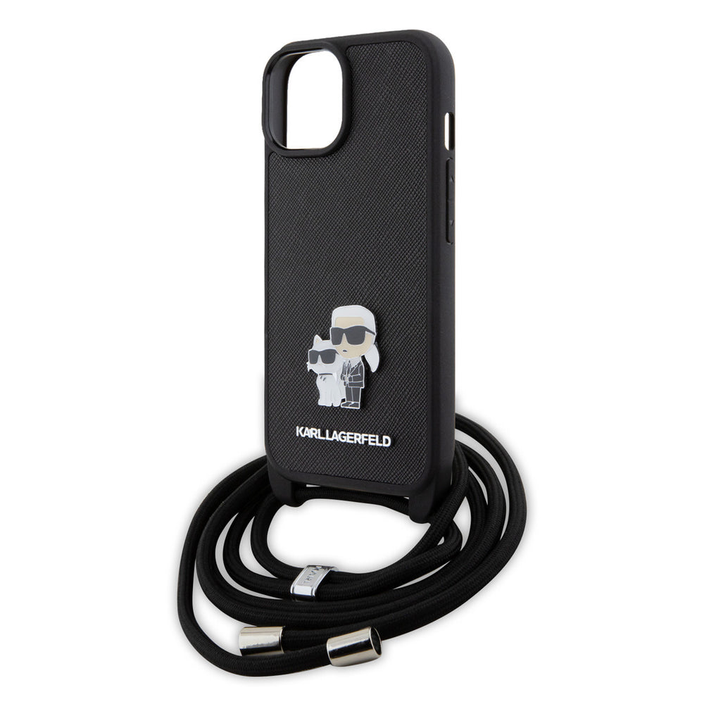 Karl Lagerfeld iPhone 15 & 14 Plus Hardcase hoesje - Saffiano - K&C Metal Pin - Crossbody - Zwart-Hoesjes-Ilumina Benelux