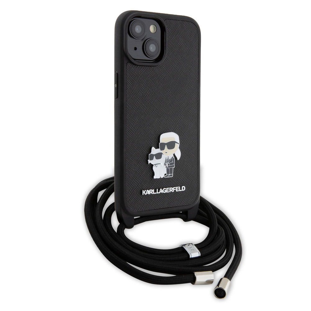 Karl Lagerfeld iPhone 15 & 14 Plus Hardcase hoesje - Saffiano - K&C Metal Pin - Crossbody - Zwart-Hoesjes-Ilumina Benelux