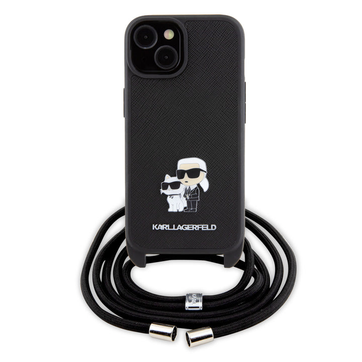 Karl Lagerfeld iPhone 15 & 14 Plus Hardcase hoesje - Saffiano - K&C Metal Pin - Crossbody - Zwart-Hoesjes-Ilumina Benelux