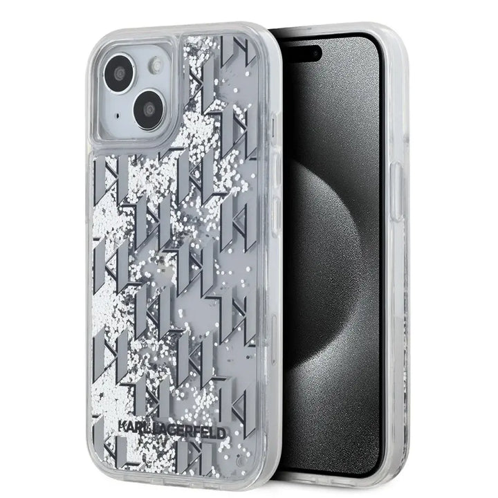 Karl Lagerfeld iPhone 15 Backcover hoesje Liquid glitter - monogram gradient - Wit-Hoesjes-Ilumina Benelux