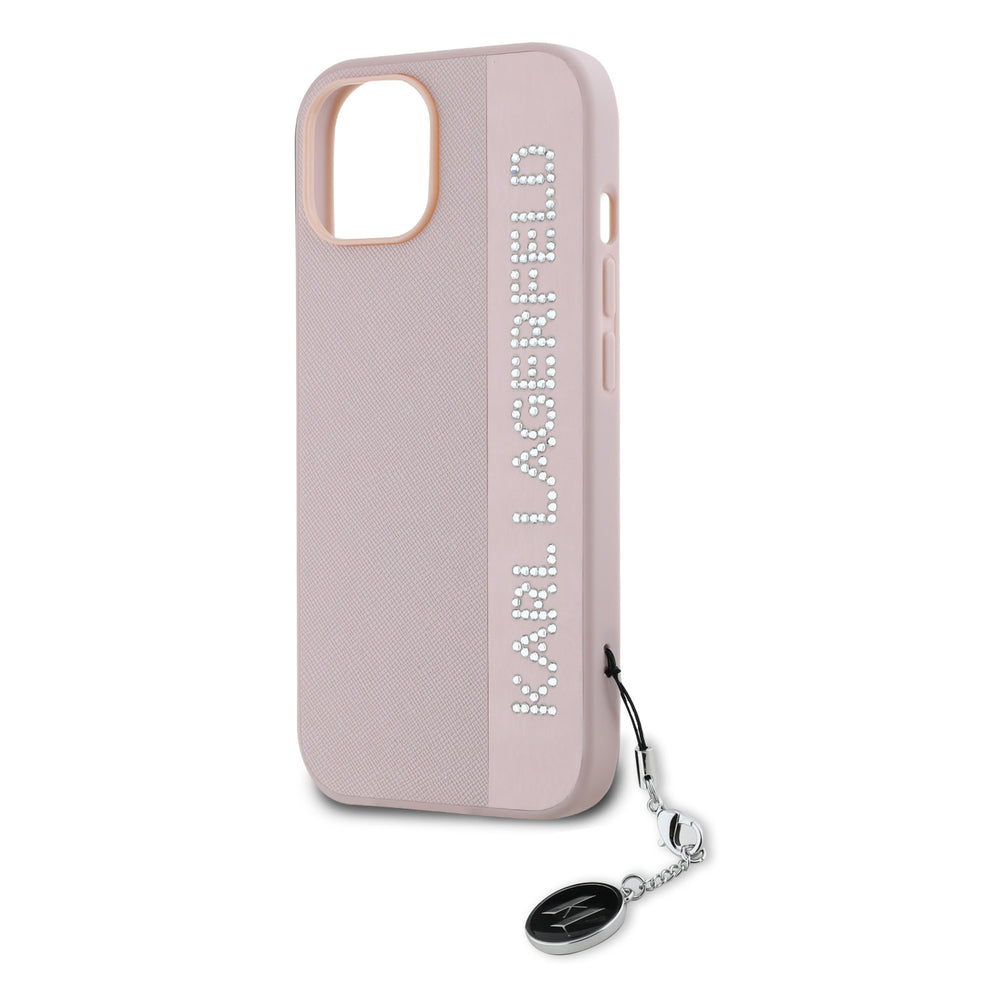 Karl Lagerfeld iPhone 15 Backcover hoesje Saffiano rhinestones and charm - Roze-Hoesjes-Ilumina Benelux