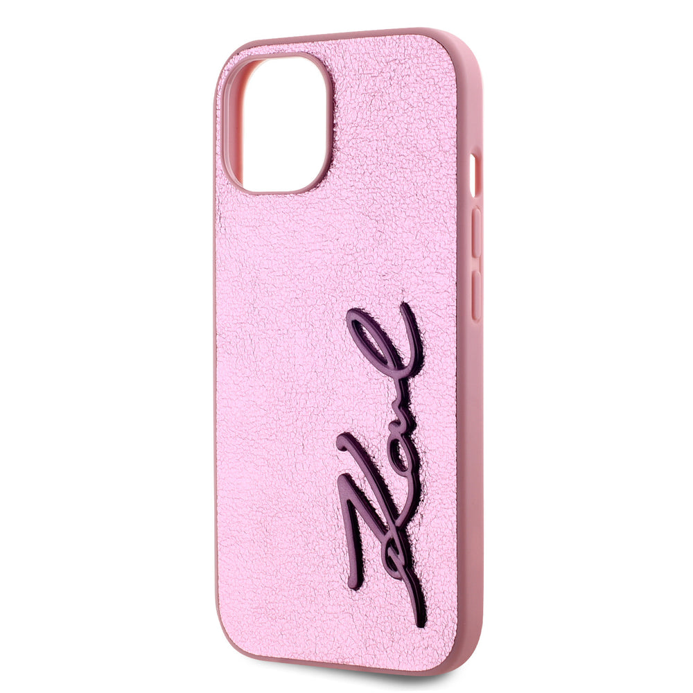 Karl Lagerfeld iPhone 15 Backcover hoesje Wrinkled - Metal signature - Roze-Hoesjes-Ilumina Benelux