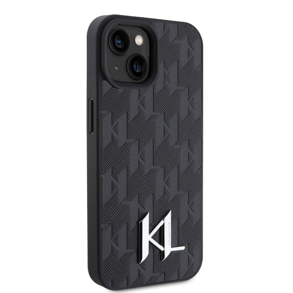 Karl Lagerfeld iPhone 15 Hardcase hoesje - Hot Stamp - KL Metal Logo - Monogram - Zwart-Hoesjes-Ilumina Benelux