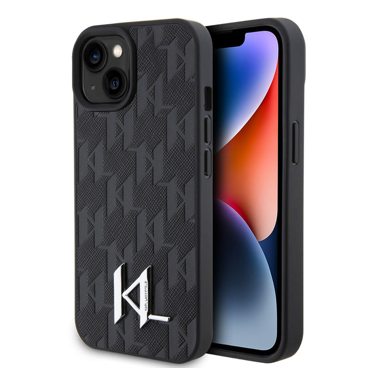Karl Lagerfeld iPhone 15 Hardcase hoesje - Hot Stamp - KL Metal Logo - Monogram - Zwart-Hoesjes-Ilumina Benelux