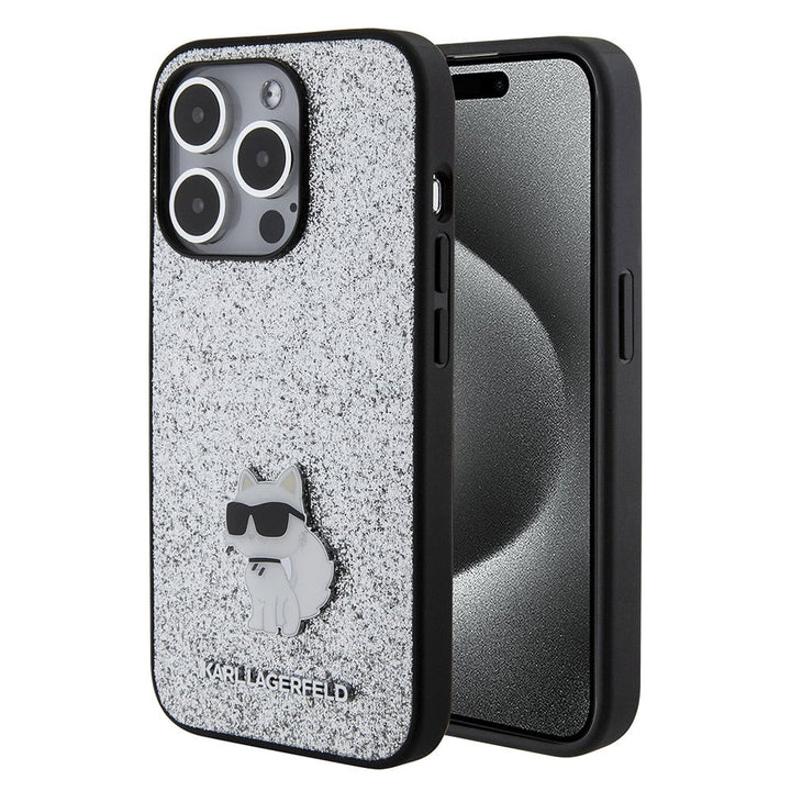 Karl Lagerfeld iPhone 15 Plus & 14 Plus Backcover hoesje FIXED GLITTER C LOGO METAL PIN - Zilver-Hoesjes-Ilumina Benelux