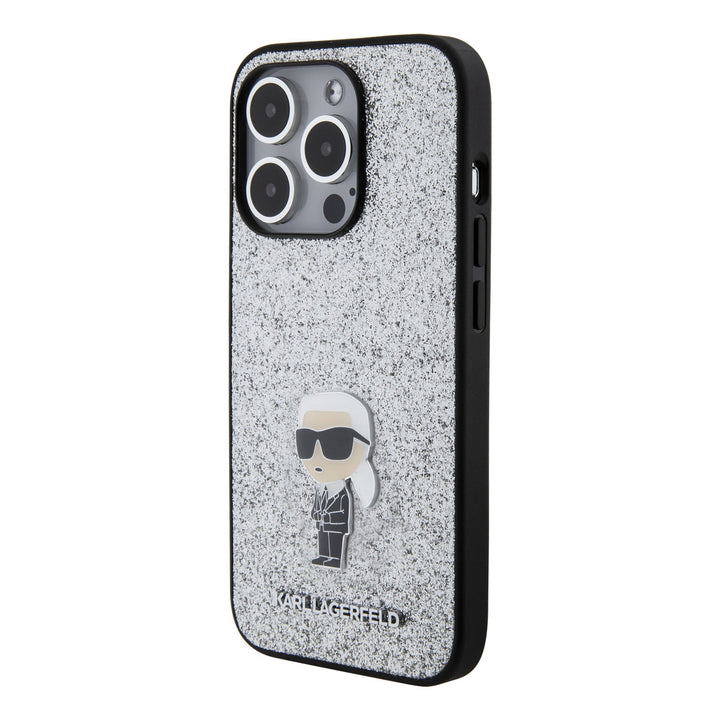 Karl Lagerfeld iPhone 15 Pro Backcover hoesje - Fixed Glitter - Ikonik K Logo - Zilver-Hoesjes-Ilumina Benelux