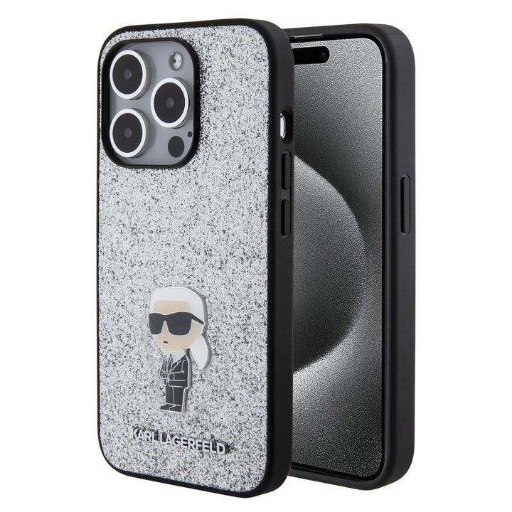 Karl Lagerfeld iPhone 15 Pro Backcover hoesje - Fixed Glitter - Ikonik K Logo - Zilver-Hoesjes-Ilumina Benelux