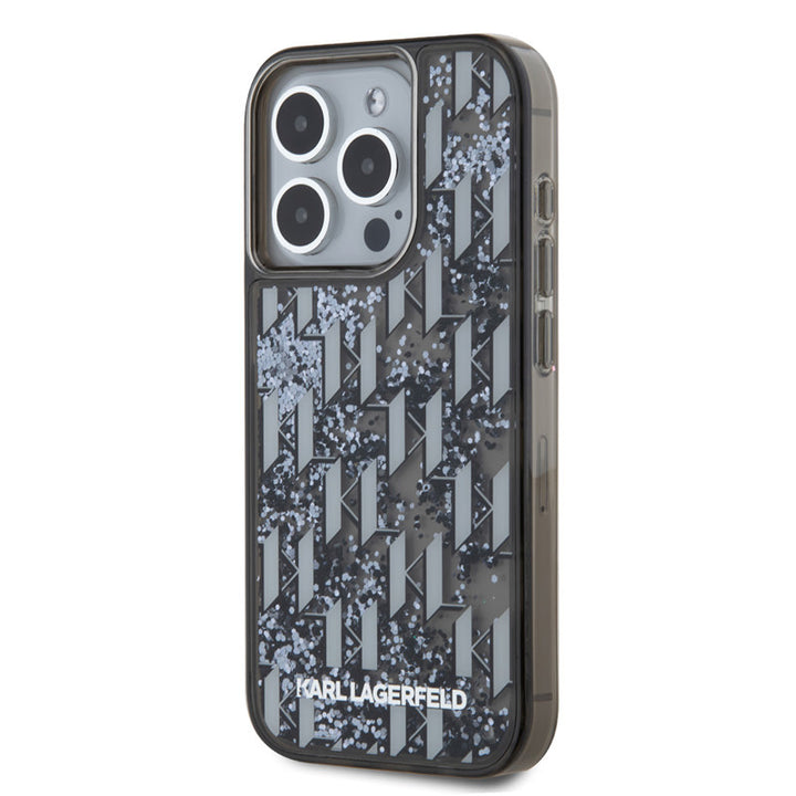 Karl Lagerfeld iPhone 15 Pro Backcover hoesje - Liquid glitter - monogram gradient - Zwart-Hoesjes-Ilumina Benelux