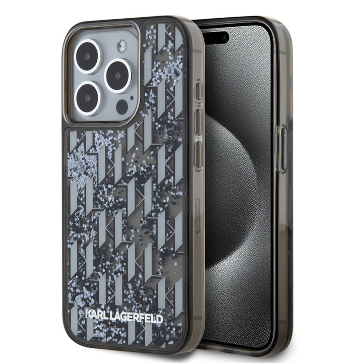 Karl Lagerfeld iPhone 15 Pro Backcover hoesje - Liquid glitter - monogram gradient - Zwart-Hoesjes-Ilumina Benelux