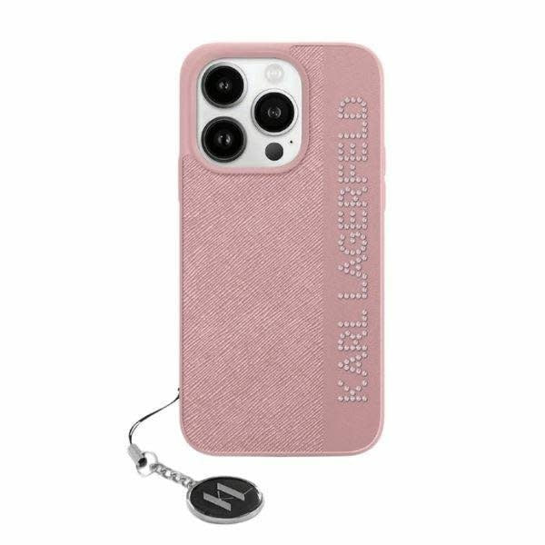 Karl Lagerfeld iPhone 15 Pro Backcover hoesje Saffiano rhinestones and charm - Roze-Hoesjes-Ilumina Benelux