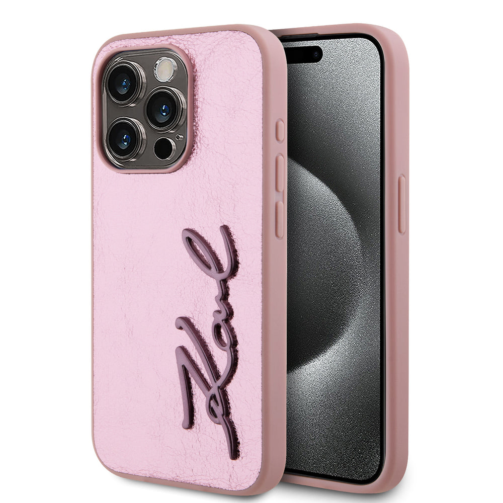 Karl Lagerfeld iPhone 15 Pro Backcover hoesje Wrinkled - Metal signature - Roze-Hoesjes-Ilumina Benelux