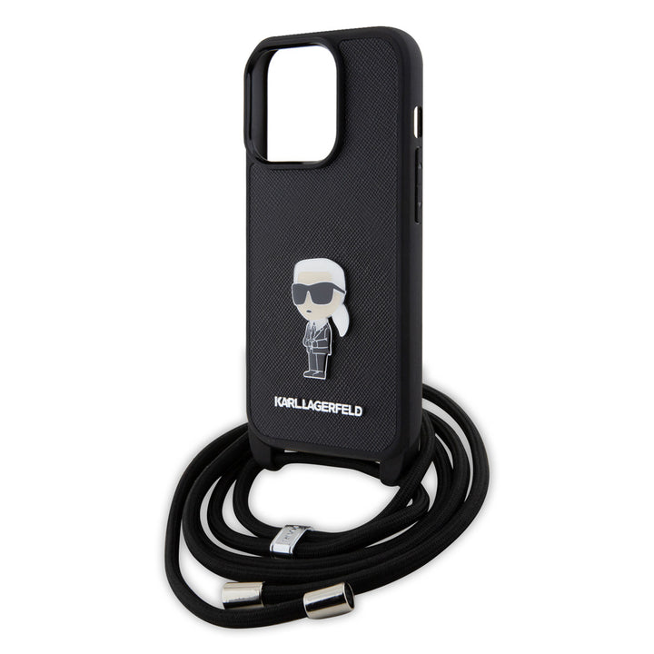 Karl Lagerfeld iPhone 15 Pro Hardcase hoesje - Saffiano - Ikonik Metal Pin - Crossbody - Zwart-Hoesjes-Ilumina Benelux