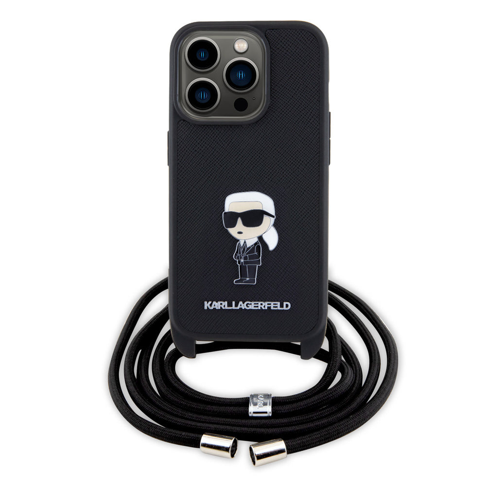 Karl Lagerfeld iPhone 15 Pro Hardcase hoesje - Saffiano - Ikonik Metal Pin - Crossbody - Zwart-Hoesjes-Ilumina Benelux