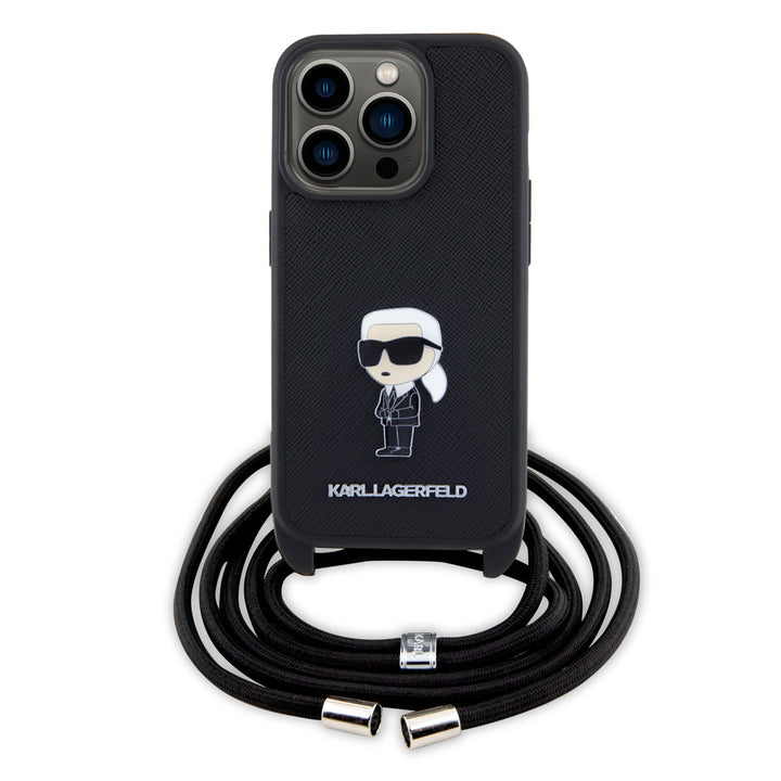 Karl Lagerfeld iPhone 15 Pro Hardcase hoesje - Saffiano - Ikonik Metal Pin - Crossbody - Zwart-Hoesjes-Ilumina Benelux