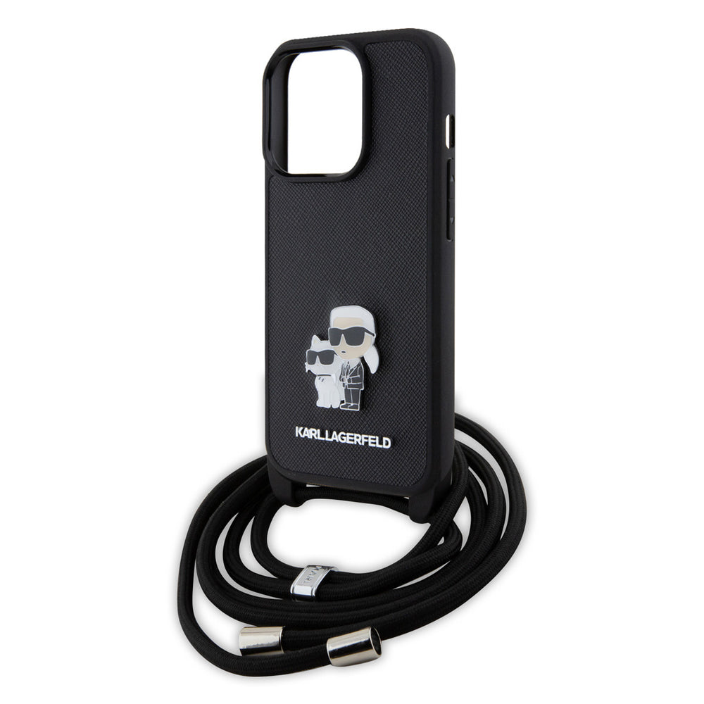 Karl Lagerfeld iPhone 15 Pro Hardcase hoesje - Saffiano - K&C Metal Pin - Crossbody - Zwart-Hoesjes-Ilumina Benelux