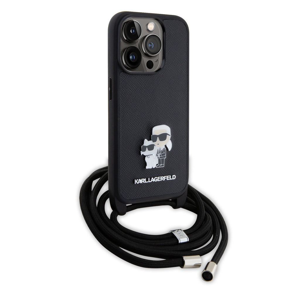 Karl Lagerfeld iPhone 15 Pro Hardcase hoesje - Saffiano - K&C Metal Pin - Crossbody - Zwart-Hoesjes-Ilumina Benelux