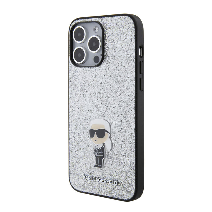 Karl Lagerfeld iPhone 15 Pro Max Backcover hoesje - Fixed Glitter - Ikonik K Logo - Zilver-Hoesjes-Ilumina Benelux