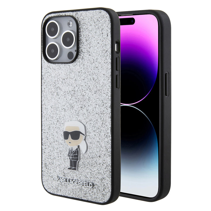 Karl Lagerfeld iPhone 15 Pro Max Backcover hoesje - Fixed Glitter - Ikonik K Logo - Zilver-Hoesjes-Ilumina Benelux