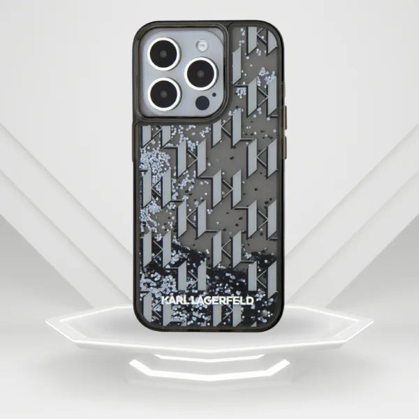 Karl Lagerfeld iPhone 15 Pro Max Backcover hoesje Liquid glitter - monogram gradient - Zwart-Hoesjes-Ilumina Benelux