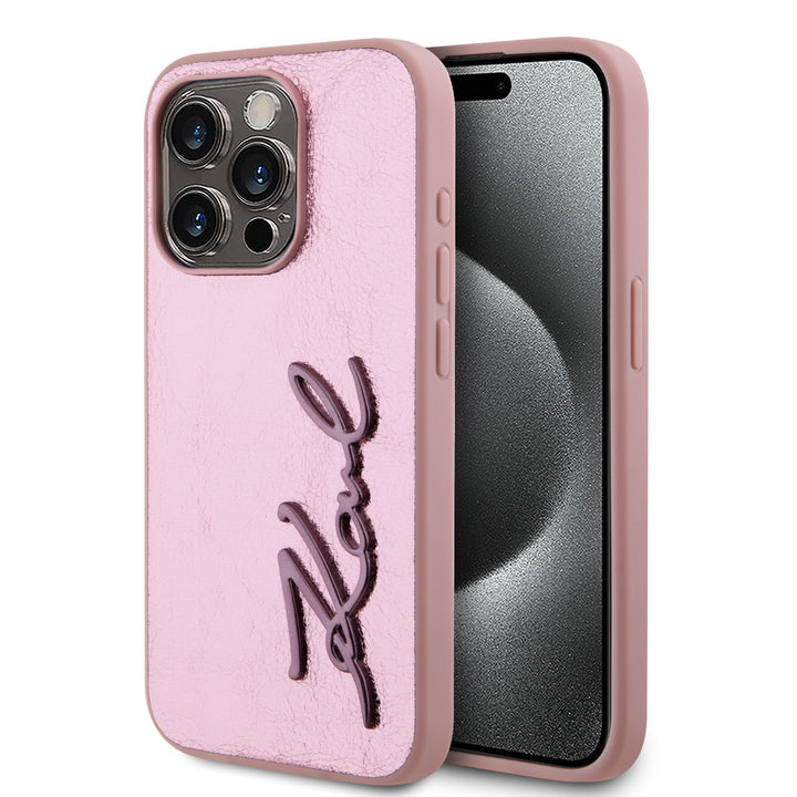 Karl Lagerfeld iPhone 15 Pro Max Backcover hoesje Wrinkled - Metal signature - Roze-Hoesjes-Ilumina Benelux