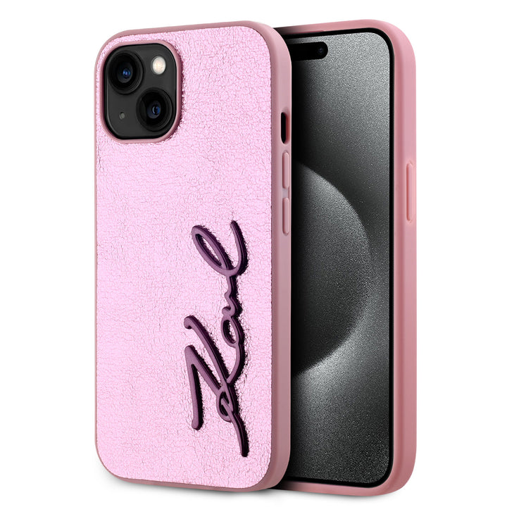 Karl Lagerfeld iPhone 15 Pro Max Backcover hoesje Wrinkled - Metal signature - Roze-Hoesjes-Ilumina Benelux