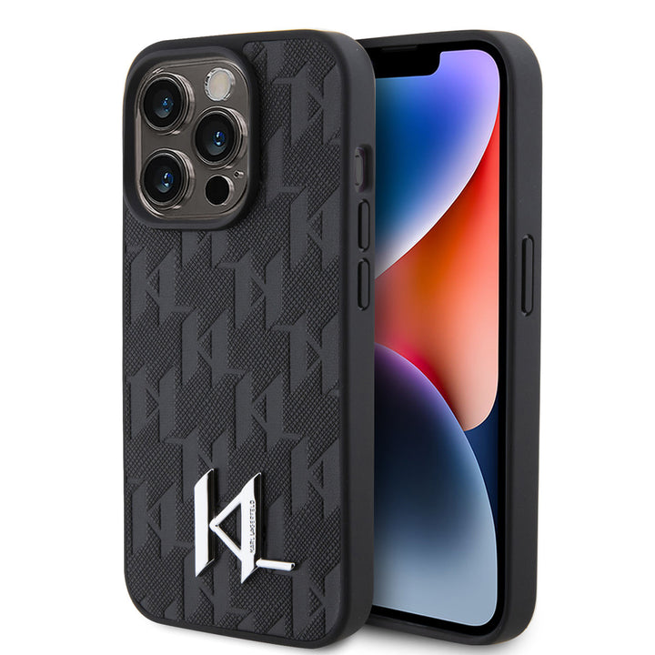 Karl Lagerfeld iPhone 15 Pro Max Hardcase hoesje - Hot Stamp - KL Metal Logo - Monogram - Zwart-Hoesjes-Ilumina Benelux