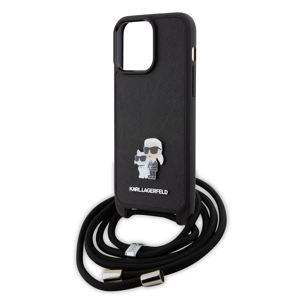 Karl Lagerfeld iPhone 15 Pro Max Hardcase hoesje - Saffiano - K&C Metal Pin - Crossbody - Zwart-Hoesjes-Ilumina Benelux