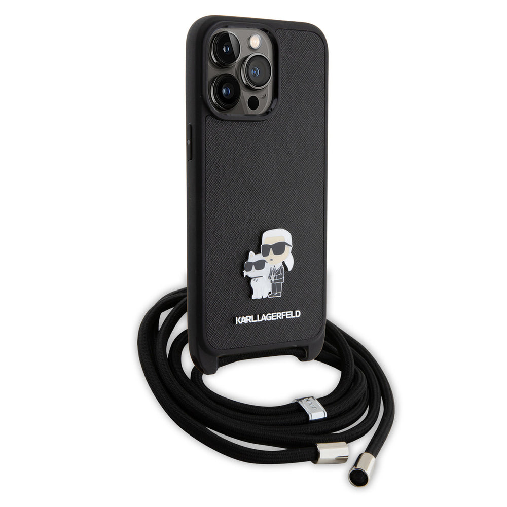 Karl Lagerfeld iPhone 15 Pro Max Hardcase hoesje - Saffiano - K&C Metal Pin - Crossbody - Zwart-Hoesjes-Ilumina Benelux