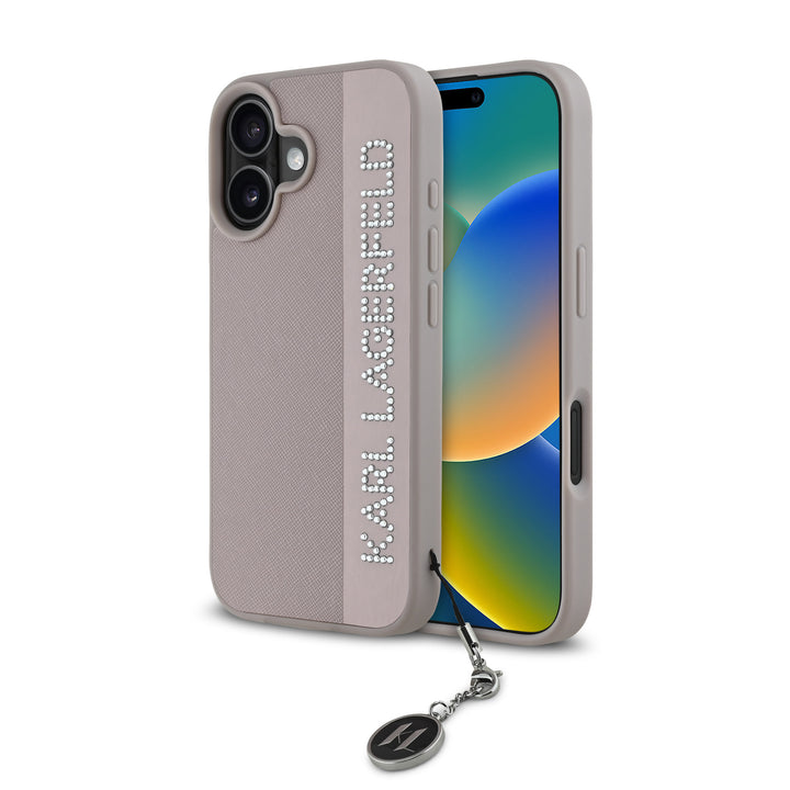 Karl Lagerfeld iPhone 16 Backcover hoesje Saffiano rhinestones and charm - Roze-Hoesjes-Ilumina Benelux