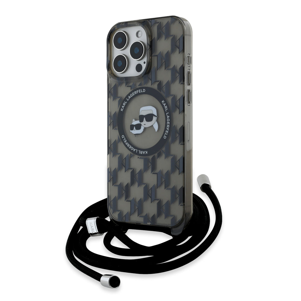 Karl Lagerfeld iPhone 16 Pro Backcover hoesje Magsafe IML KC heads - cord - Zwart-Hoesjes-Ilumina Benelux
