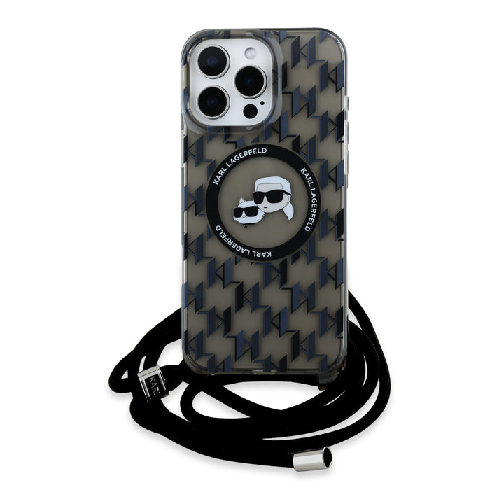 Karl Lagerfeld iPhone 16 Pro Backcover hoesje Magsafe IML KC heads - cord - Zwart-Hoesjes-Ilumina Benelux