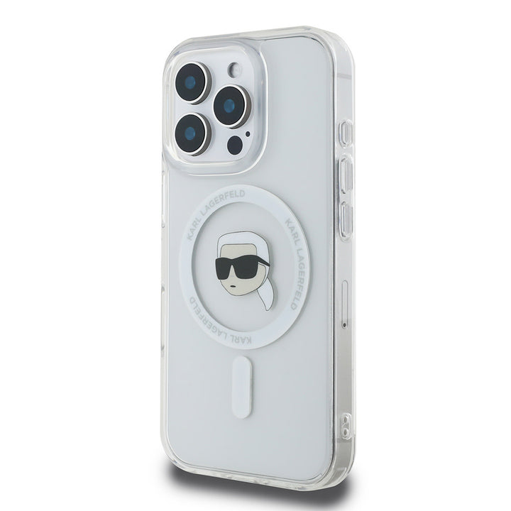 Karl Lagerfeld iPhone 16 Pro Backcover hoesje Magsafe IML metal KC heads - Wit-Hoesjes-Ilumina Benelux