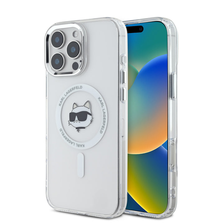 Karl Lagerfeld iPhone 16 Pro Backcover hoesje Magsafe IML metal choupette head - Wit-Hoesjes-Ilumina Benelux