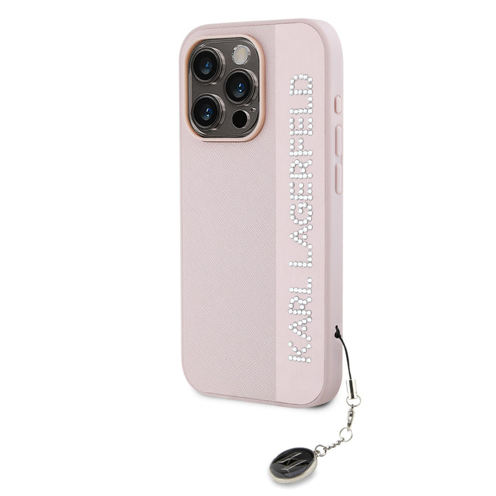 Karl Lagerfeld iPhone 16 Pro Backcover hoesje Saffiano rhinestones and charm - Roze-Hoesjes-Ilumina Benelux